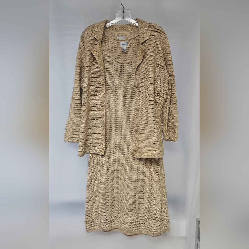 Retro Style Chico's Gold And Tan Knit Tank Dress And Jacket Suit Sz Wms S